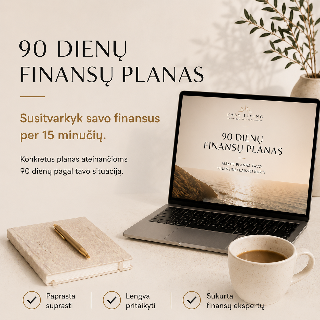 90 dienų asmeninių finansų planas kompiuterio ekrane prie kavos puodelio
