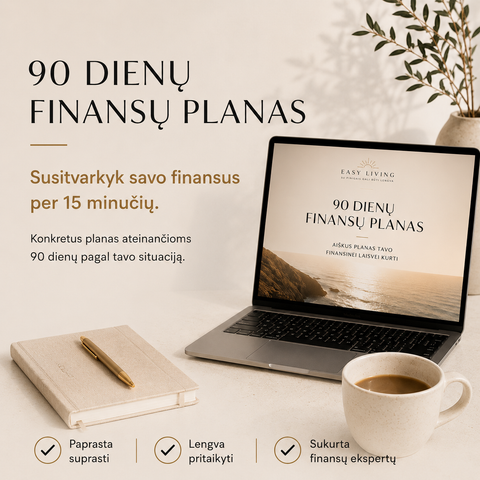 90 dienų asmeninių finansų planas kompiuterio ekrane prie kavos puodelio