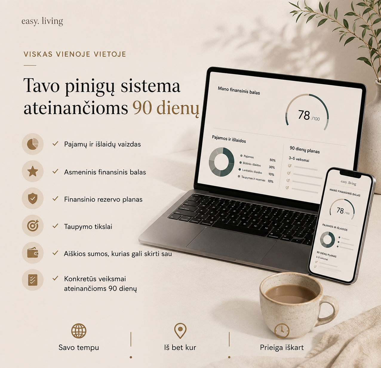 Pajamų ir išlaidų biudžeto lentelė telefone ir nešiojamame kompiuteryje