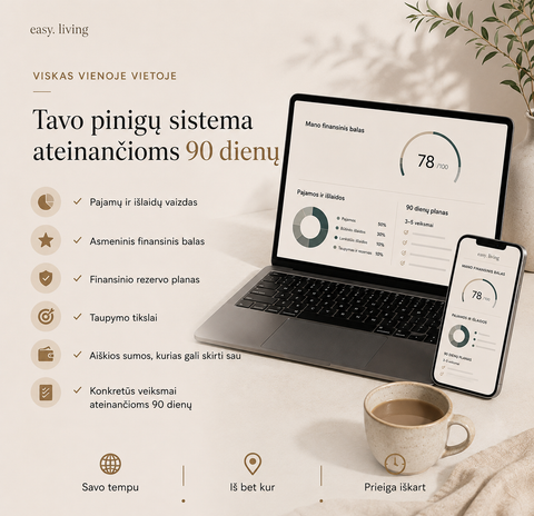 Pajamų ir išlaidų biudžeto lentelė telefone ir nešiojamame kompiuteryje